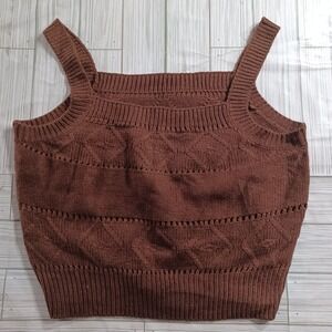 Chocolate Brown Knit Diamond Pointelle Crop Tank Top Square Neck Medium